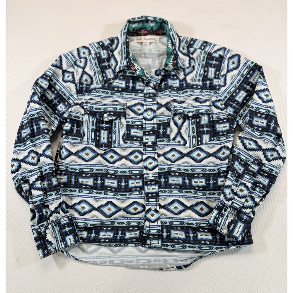 Montana Co Kids Western Shirt Large Blue/White, Pearl Snap